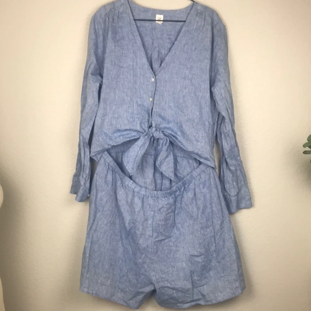 GAP blue linen blend tie front romper